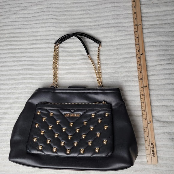 Love Moschino Black Studded Quilted Handbag Gold Chain Purse Heart Details Vegan - Picture 5 of 12